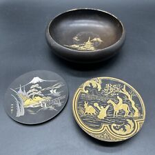 Vintage Miniature Metal Asian Design Japanese Plate Stand And Asian Laquer Bowl picture