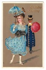 Birthday Greetings. Woman In A Blue Dress. Embossed Post Card picture