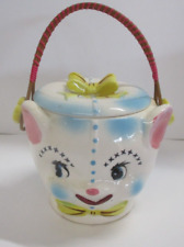 VINTAGE KITTY CAT COOKIE BISCUIT CAT TREAT JAR RATTAN HANDLE ROYAL SEALY picture