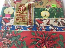 Vintage Cleo Christmas Wrapping Paper Santa Snowman Wreath Candle 50 Sq Feet New picture