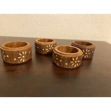 Set of 4 Vintage wooden carved napkin rings with inlay picture