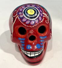 Hand Painted Sugar Skull Red Clay Ceramic Day Of The Dead Isidoro Mexico picture