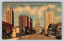 Lansing MI-Michigan, Michigan Avenue, Looking West, Vintage c1940 Postcard picture