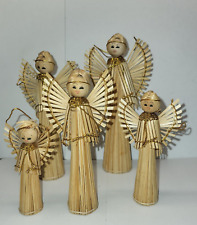 5 VTG MID CENTURY STRAW & WOOD ANGELS handpainted  Christmas ornaments, display picture