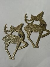 SET 2 Vtg Gold Glitter Plastic PRANCING REINDEER XMAS ORNAMENTS Jingle Bells picture