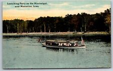 Ships~Muscatine Iowa~Launching Party On The Mississippi River~Vintage Postcard picture