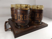 VTG Amber Beer Mugs 4 Tooled Leather Snap Wrap Wood & Leather Tray W/ Handles picture