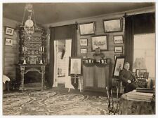 ANTIQUE LG EDWARDIAN interior PHOTO w/ mustached businessman amazing FIREPLACE picture