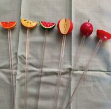 Vtg. Wood/Plastic?Glass? Fruit Shaped Topped Drink Stirrers/Swizzle Sticks 6 picture