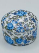 Vintage Round Porcelain White w/Blue Floral Roses Trinket Box 2-1/8