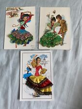 3 Vintage Spanish Postcards With Real Fabric Dresses picture