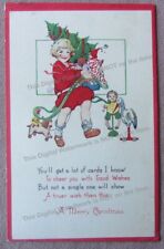 1923 XMAS Postcard Little Girl w Toys Dolls Teddy Bear Dog Bird Christmas Tree picture