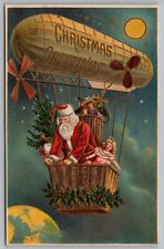 Postcard Christmas Greetings Santa Zepplin Dirigible Air Ship Night Moon *C5445 picture