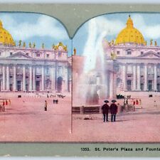 c1900s Rome, Italy St Peter's Plaza Fountain Litho Photo Stereo Card V9 picture
