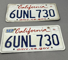 2 California License Plates Matching Embossed White Blue Red Lot 6UNL730 Expired picture