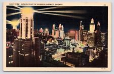 1930s~Chicago IL~Business District~Night~Buildings~Art Deco~Lights~VTG Postcard picture