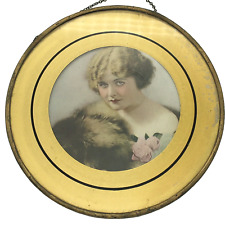Vtg  Photo Image Wall Hanging 1920s Woman Fur Roses Round Gold Tone Frame Glass picture
