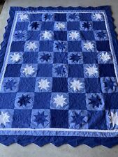 Vintage Handmade Star Quilt Blue & White Full Handstitched Patchwork 65x81 picture