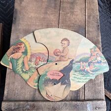 Tri-fold Antique Advertising Hand Fan Sign Kids Woman Beach Sea Clover Farms picture