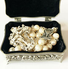 First Communion XL 10MM Real Pearl BEADS CATHOLIC ROSARY CROSS NECKLACE BOX  picture