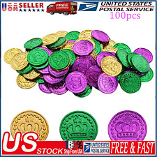 100X Mardi Gras Plastic Coin Assorted Metallic Gold Green Purple Mardi Gras Coin picture
