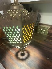 Antique Brass Lantern Pierced Moroccan Hanging Lamp Light Stained Glass 15” picture