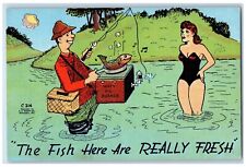 c1930's Woman Swimsuit Fishermen Fish Here Are Really Fresh Sycamore IL Postcard picture