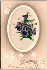 1914 Congratulations Flower Violets In Oval Greetings and Wishes Posted Postcard picture