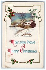 Christmas Postcard Holly Berries House Winter Gel Gold Gilt Embossed c1910's picture