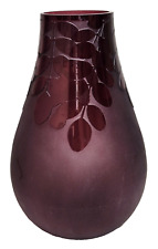 Ken Benson LS Purple Amethyst Carved Olive Leaf Frosted Cameo Art Glass Vase #2 picture