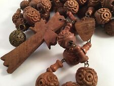 Antique old Vintage carved wooden Rosary Beads wood cross huge large for wall picture