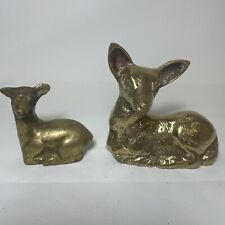 Vintage Brass Momma & Fawn Resting Deer Doe Figurine  Mid Century MCM 2.5-3.5” picture
