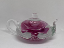 Dynasty Gallery Art Glass Blown Teapot Paperweight with encased Pink flower 2.5