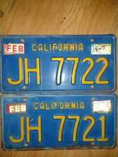 Pair Of Rare California 1970s-80s BLUE License Plate  # JH 7721 & JH 7722 picture