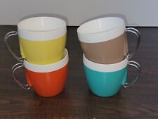 Set Of 4 Vintage NFC mugs Thermal Cups Metal Handle Yellow Teal Orange USA Decor picture