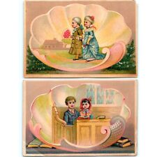 x2 LOT c1880s Cute Children Romance Meet Church Aging Seashell Trade Card C13 picture