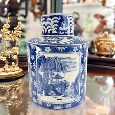 Vintage Blue and White Lidded Porcelain Tea Jar Asian Nature Village Scene picture