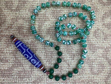 Tibetan 8mm Green Agate Dzi Beads Necklace W/Blue Agate *9Eyed* Dzi Bead Pendant picture