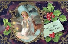 CHRISTMAS - Kneeling Angel And Deer Christmas Greetings PFB Postcard - 1910 picture