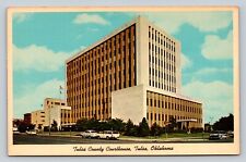 Tulsa County Courthouse Oklahoma Classic Cars, Flag VINTAGE Postcard picture