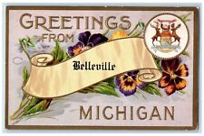c1910 Greetings From Belleville Michigan MI Banner Crest Embossed Postcard picture
