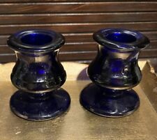 Pair of Vintage Cobalt Blue Footed Glass Candlesticks Taper Holders 2.5