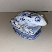 Vintage Frog Figurine Hand Painted Blue and White Porcelain 6” Long & 3.5” Wide picture