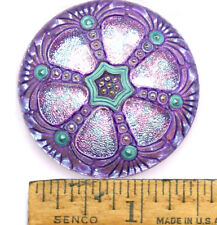 XL FOCAL 42mm Vintage Czech Glass PURPLE AB Turquoise Faceted WINDOW Button 1pc  picture