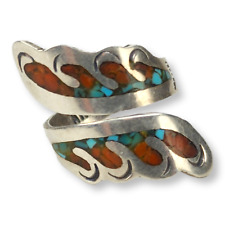Vintage Navajo Signed Ahasteen Turquoise and Coral Chip Inlay Wrap Ring Size 7 picture