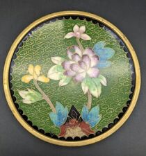 Vintage Cloisonne Lotus Trinket Dish Mini Plate Brass Enamel Gold Green Blue picture
