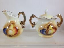 Vintage Porcelain Mini Sugar Creamer Set Fruit Pattern Gold Accent picture