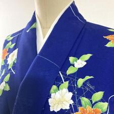 4K585 Kimono Lined Fine Pattern Navy Blue White Orange Green Floral Japanese Clo picture