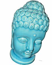 Blue Ceramic Crackled Buddha Head Figurine 7” picture
