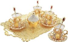 DEMMEX Turkish Tea Glasses Set with Decorated Metal Glass Holders Saucers Sug... picture